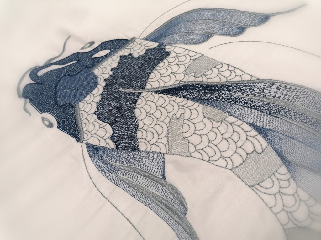 Luxury 100% Cotton 300TC Embroidered “Utsukushi Koi” Fish Duvet Cover Set Blue & Silver - Image 3
