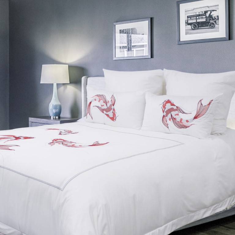 Luxury 100% Cotton 300TC Embroidered “Utsukushi Koi” Fish Duvet Cover Set Red & Silver
