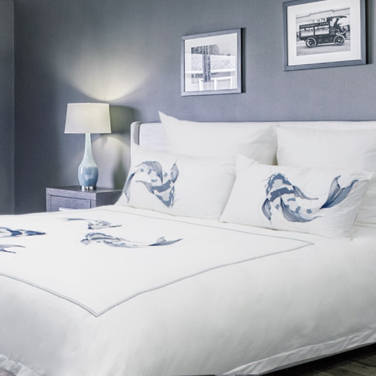 Luxury 100% Cotton 300TC Embroidered “Utsukushi Koi” Fish Duvet Cover Set Blue & Silver