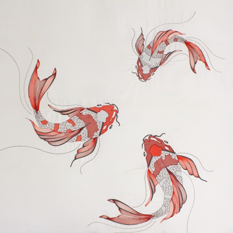 Luxury 100% Cotton 300TC Embroidered “Utsukushi Koi” Fish Duvet Cover Set Red & Silver - Image 2