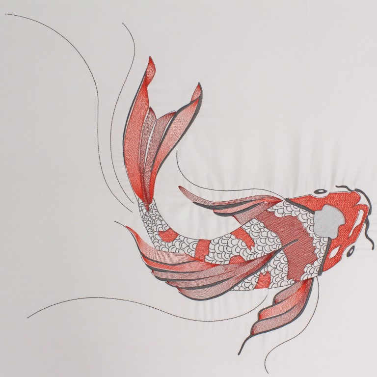 Luxury 100% Cotton 300TC Embroidered “Utsukushi Koi” Fish Duvet Cover Set Red & Silver - Image 3