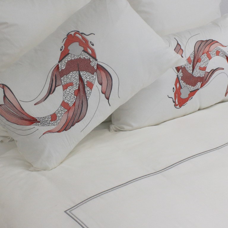 Luxury 100% Cotton 300TC Embroidered “Utsukushi Koi” Fish Duvet Cover Set Red & Silver - Image 4